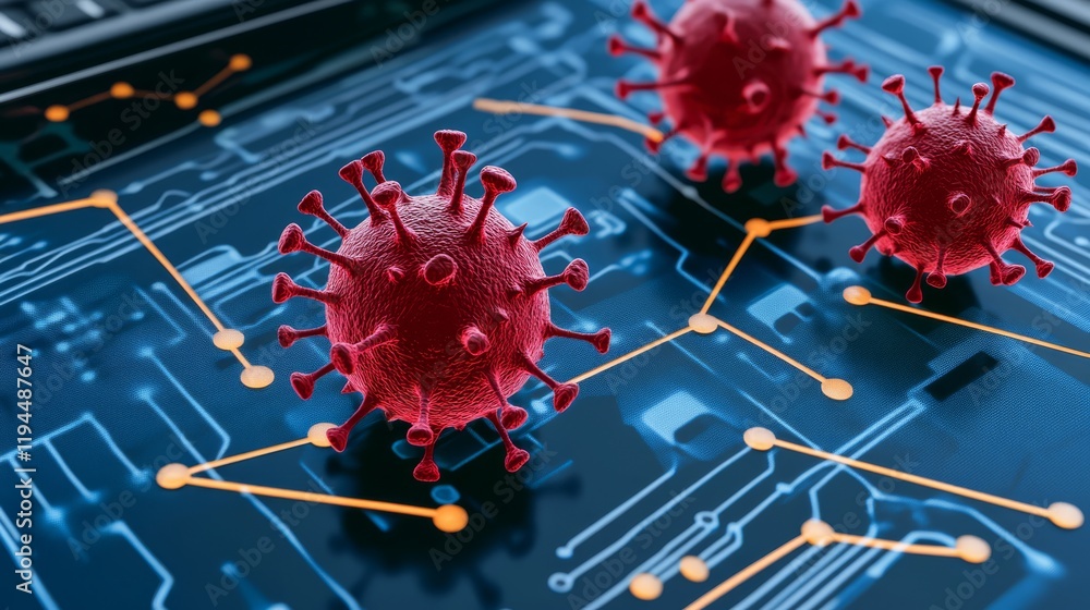 Poster computer under attack, three red viruses highlight cybersecurity risks and the need for digital prot
