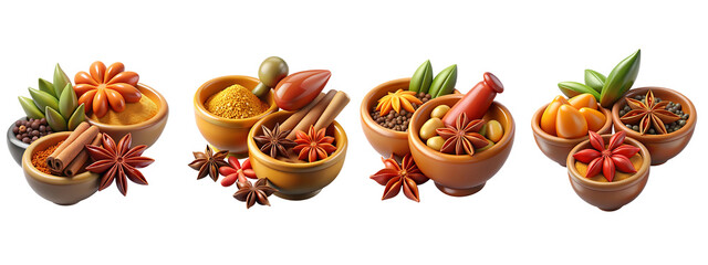 3D Set of Exotic Spices &ndash; Saffron, Sumac, and Star Anise, Transparent PNG
