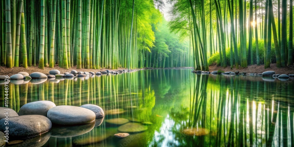 Poster a serene reflection of a bamboo forest in a tranquil pond, where nature's beauty and stillness creat