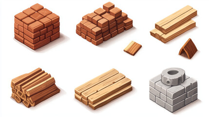 Building material stack. Brick pile vector icon. House construction isolated cartoon graphic set. Wood, cement powder, stacked cinder and mixer supply object for build home in game. Rough timber piece