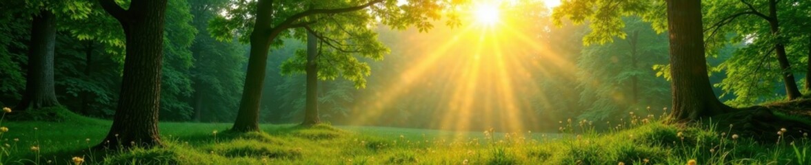 Obraz premium Bright sun rays illuminate lush green forest, panoramic view , summer, vibrant