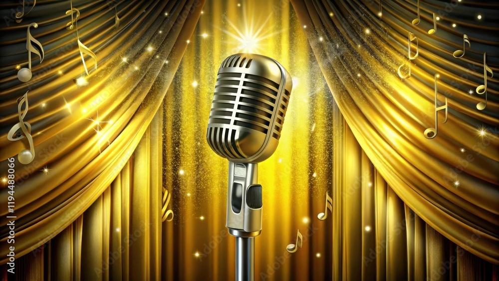 Poster A retro microphone stands proudly on a stage, bathed in a golden spotlight with sparkling dust and musical notes floating around it.