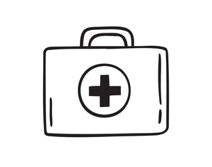 First aid kit hand drawn doodle icon. Drawing first aid kit case icon. Treatment, medicine concept.