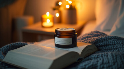 Fototapeta premium Candle and face cream jar on cozy bedside table