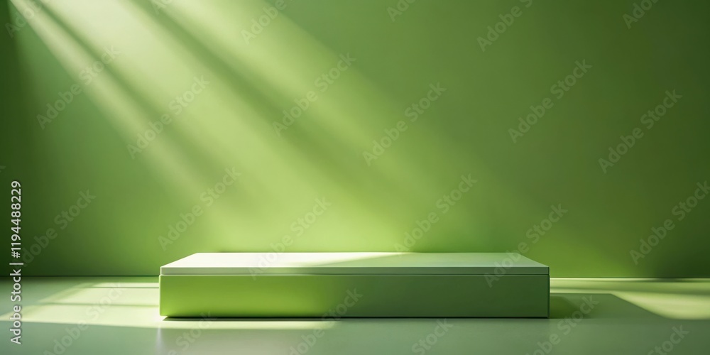 Poster A minimalist display with a light green pedestal in front of a green wall with sunbeams coming through the window.