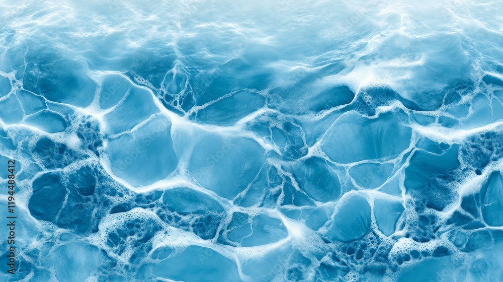 Poster dynamic deep blue water surface with rolling waves and sparkling bubbles