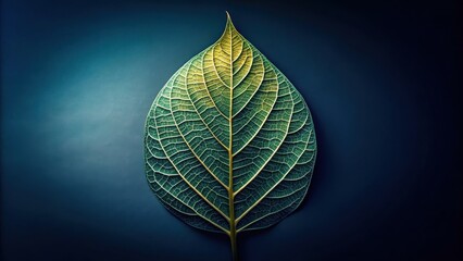 A single green leaf with intricate veins, illuminated by a soft light against a dark blue background.