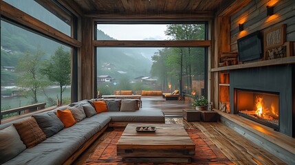 Mountain cabin living room, rain, fireplace, view