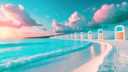 Obraz premium Sunset over tranquil beach with bright white sand and colorful clouds reflects serene atmosphere and inviting waters near coastal arches