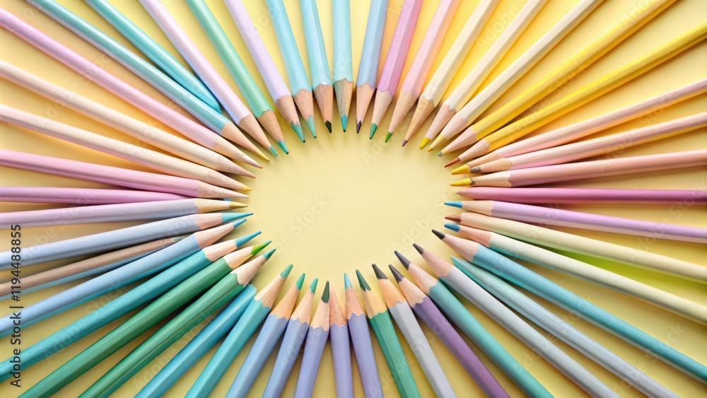 Poster A vibrant array of colorful pencils arranged in a circular pattern, creating a frame for a blank canvas of creativity.