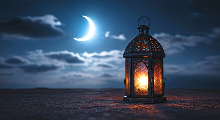 Ramadan vibe, Ornamental Arabic lantern, glowing candle , with a half moon