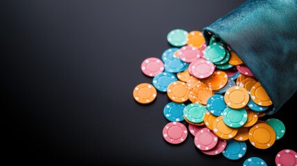 Obraz premium A velvet pouch overflowing with colorful casino tokens, representing the spoils of a successful gambling session and the allure of casino winnings.