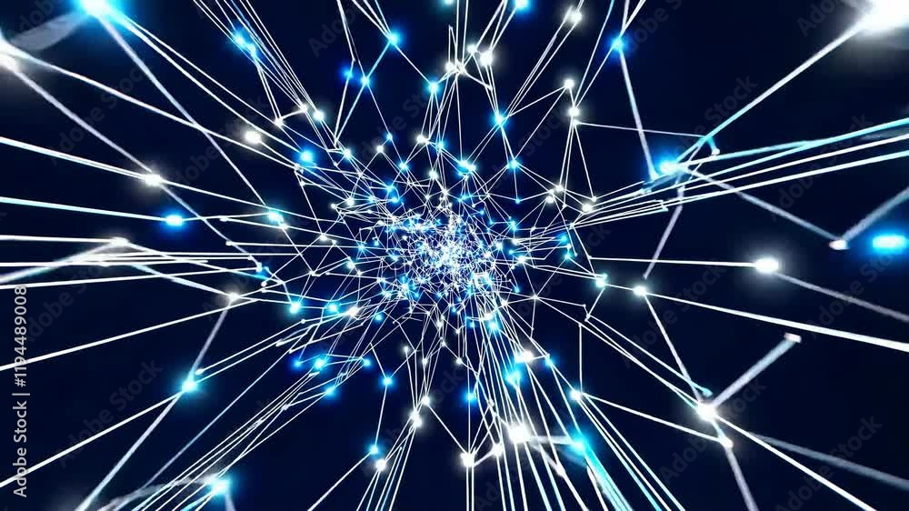 Poster exploring vibrant digital patterns created through animated light connections in a cosmic setting