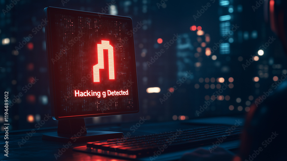 Poster hacking detected: neon red alert flashes on a computer screen, displaying a 