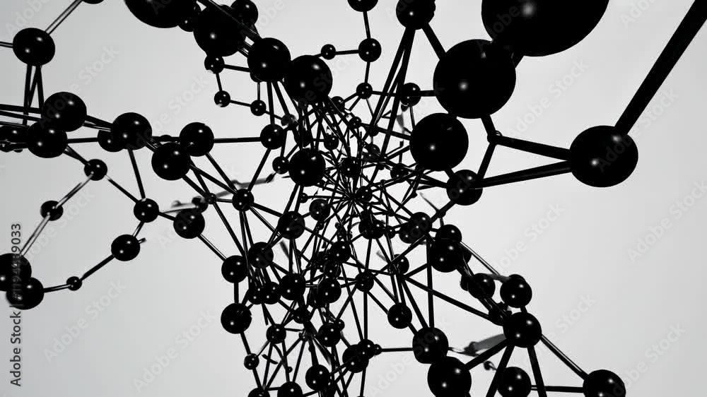 Poster exploring the intricate structure of molecular networks in black and white design