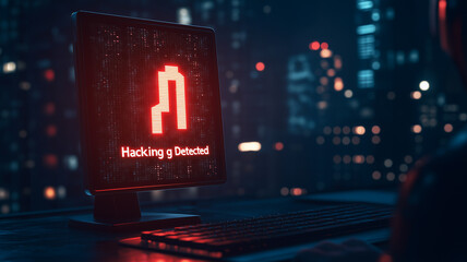 Hacking Detected: Neon red alert flashes on a computer screen, displaying a "Hacking Detected" message against a backdrop of a futuristic cityscape at night.