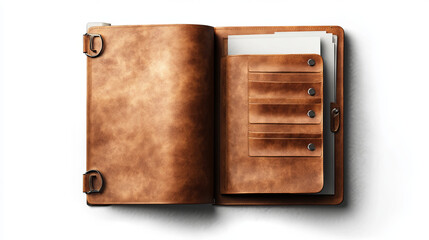 Fototapeta premium Binder folder with files in plastic punched pockets and ringbinder top view mockup. Closed and open portfolio with blank sheets for documents isolated on white background. Realistic 3d vector mock up