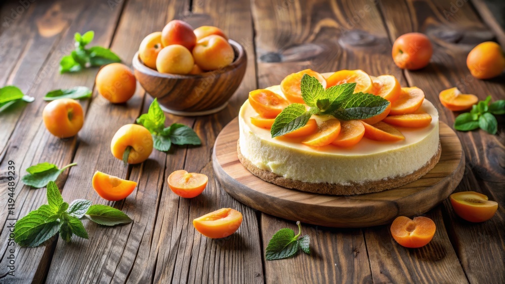 Poster a creamy cheesecake with fresh apricot slices and mint leaves on a wooden board, accompanied by whol