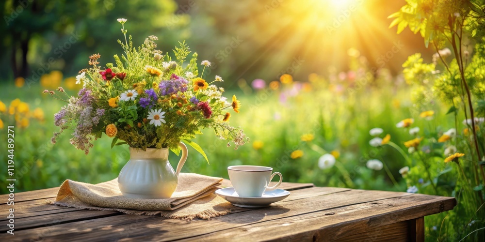 Aufkleber A vase filled with vibrant wildflowers sits on a rustic wooden table, bathed in the golden glow of a summer sunset, creating a serene and tranquil scene.