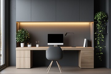 Minimalist office workspace layout with soft lighting background
