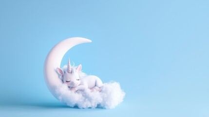 A sleeping cartoon unicorn curled up on a crescent moon, with its eyes closed and a peaceful expression, creating a calming and dreamy image for bedtime stories or nursery decor.