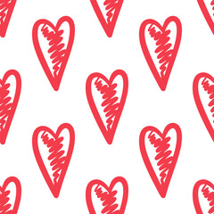 Seamless pattern with red scribbled hearts on white background