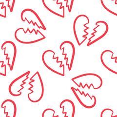 Seamless pattern with red broken hearts on white background
