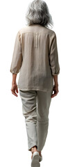 Woman Walking Away, Isolated Background;  Beige Linen Shirt and Pants, White Shoes,  Gray Hair