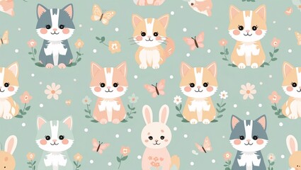 Colorful pattern featuring cute kittens and a bunny among flowers and butterflies designed for a playful and cheerful atmosphere