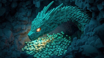 A majestic, fire breathing dragon with emerald green scales and glowing eyes, perched atop a treasure hoard inside a dark, cavernous lair.
