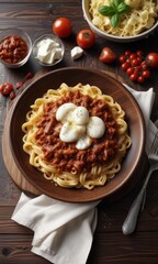 A delicious Italian dish of slow-cooked pasta made with rich meat sauce and melted mozzarella cheese on a dark brown wooden table, rustic cooking, slow-cooked pasta, melted mozzarella