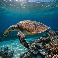 Obraz premium A sea turtle gracefully swimming through clear blue water, surrounded by white. A sea turtle swimming gracefully through the ocean.