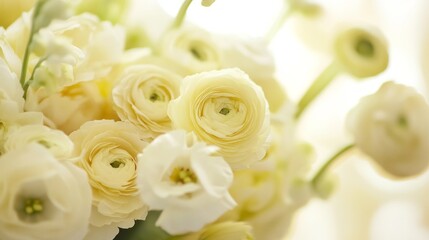 Obraz premium An exquisite wedding bouquet features luscious white ranunculus surrounded by soft complementary flowers. The arrangement radiates elegance, beautifully illuminated by soft, natural light