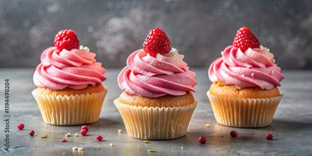 Aufkleber A trio of cupcakes adorned with delicate swirls of pink frosting and topped with vibrant red raspberries, creating a delightful symphony of colors and textures.