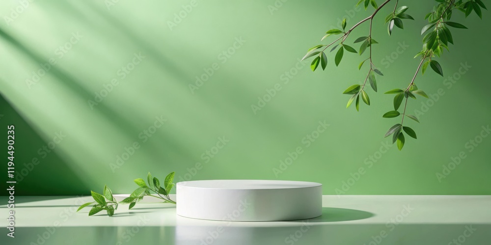 Poster minimalistic product display with white podium and green leaves against a soft green backdrop, illum