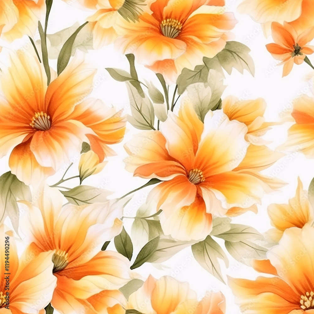 Poster a soft red and yellow flower leaves pattern with a white background seamless flower pattern