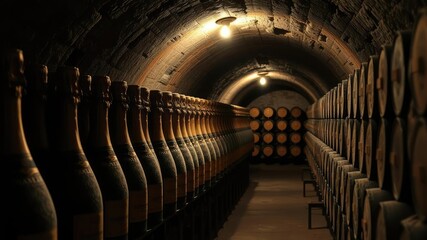 Obraz premium A dimly lit underground cellar filled with rows of dusty champagne bottles aging gracefully, showcasing the rich history and craftsmanship of Champagne Ayala, history, underground