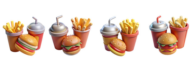 3D Milkshake, Fries, and Burger Combo – Classic Fast Food Meal, Transparent PNG
