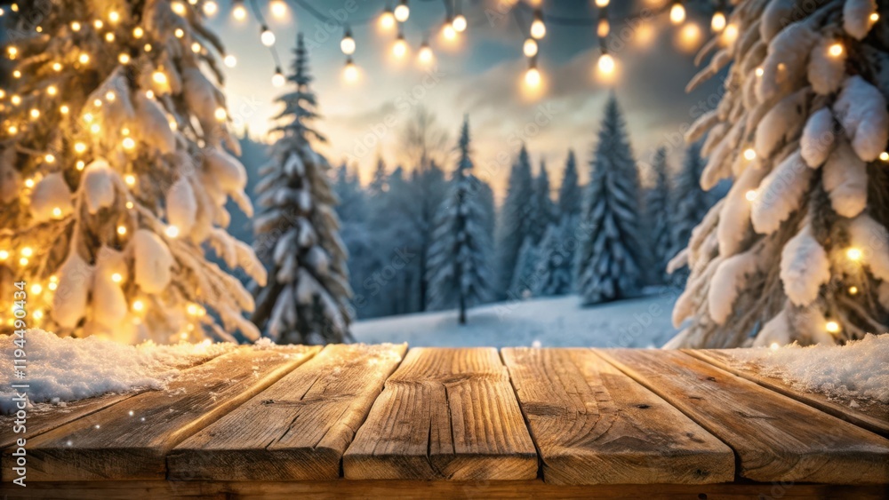 Aufkleber A rustic wooden table with a snowy backdrop, framed by frosted pine trees adorned with warm string lights.