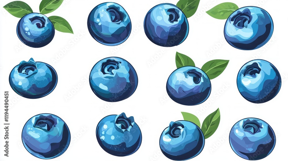 Poster Blueberries are artistically arranged in a captivating grid pattern, showcasing their deep blue hue and complementing green leaves which add freshness and vibrancy to the composition