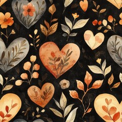 Obraz premium Seamless Watercolor Hearts and Leaves on Dark Background, Nature-Inspired Floral Design for Creative Projects
