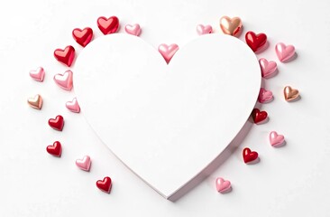 Pink and red heart shaped candies surround a blank space, perfect for writing personal messages.  Background for birthday, mother day, valentine day