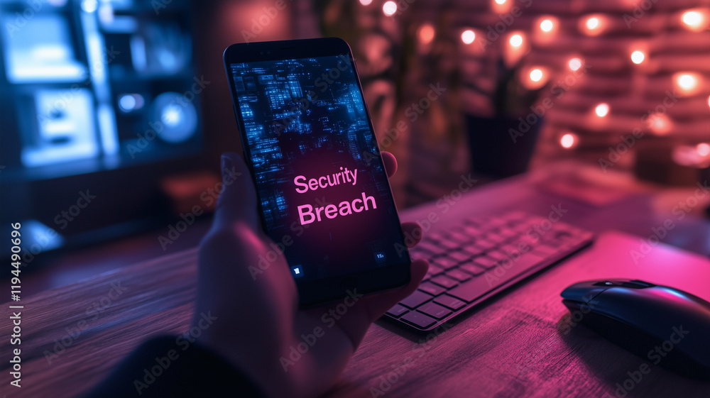 Aufkleber cybersecurity alert: a hand holds a smartphone displaying a stark 