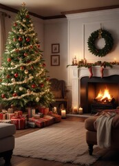 A festive Christmas Eve with a beautifully decorated living room and a crackling fireplace , relaxing evening, snugly decorated space, twinkling lights