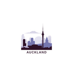 Obraz premium Auckland logo with skyline, cityscape retro vector icon. New Zealand city horizon, facade, travel logotype