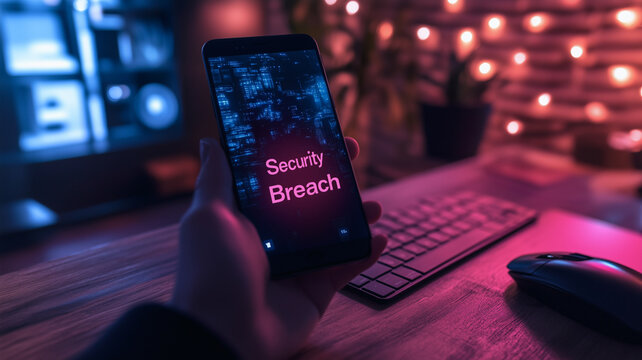 Cybersecurity Alert: A hand holds a smartphone displaying a stark "Security Breach" warning in neon pink, set against a dimly lit tech workspace. The scene evokes a sense of urgency and vulnerability.