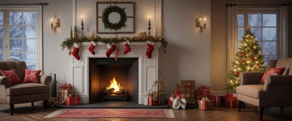 A festive room with a decorated mantel and stockings hung by the fireplace, festive mantel decor, merry christmas scene