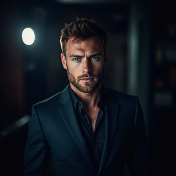 Handsome man in a dark blue suit with intense expression, standing in a dimly lit room. Male model, cinematic lighting, elegant and moody atmosphere, modern fashion, confident and stylish vibe