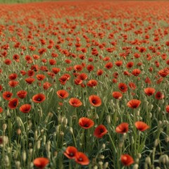 Fototapeta premium A field of oat with a few poppy flowers in the first plan , wildflowers, garden, rural