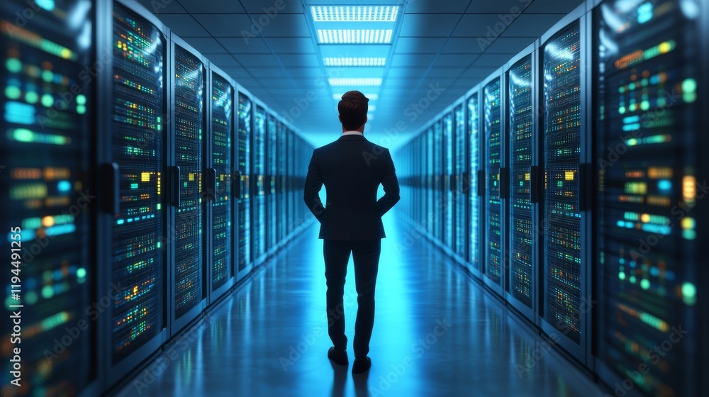 Poster skilled technician overseeing server operations in hightech data center
